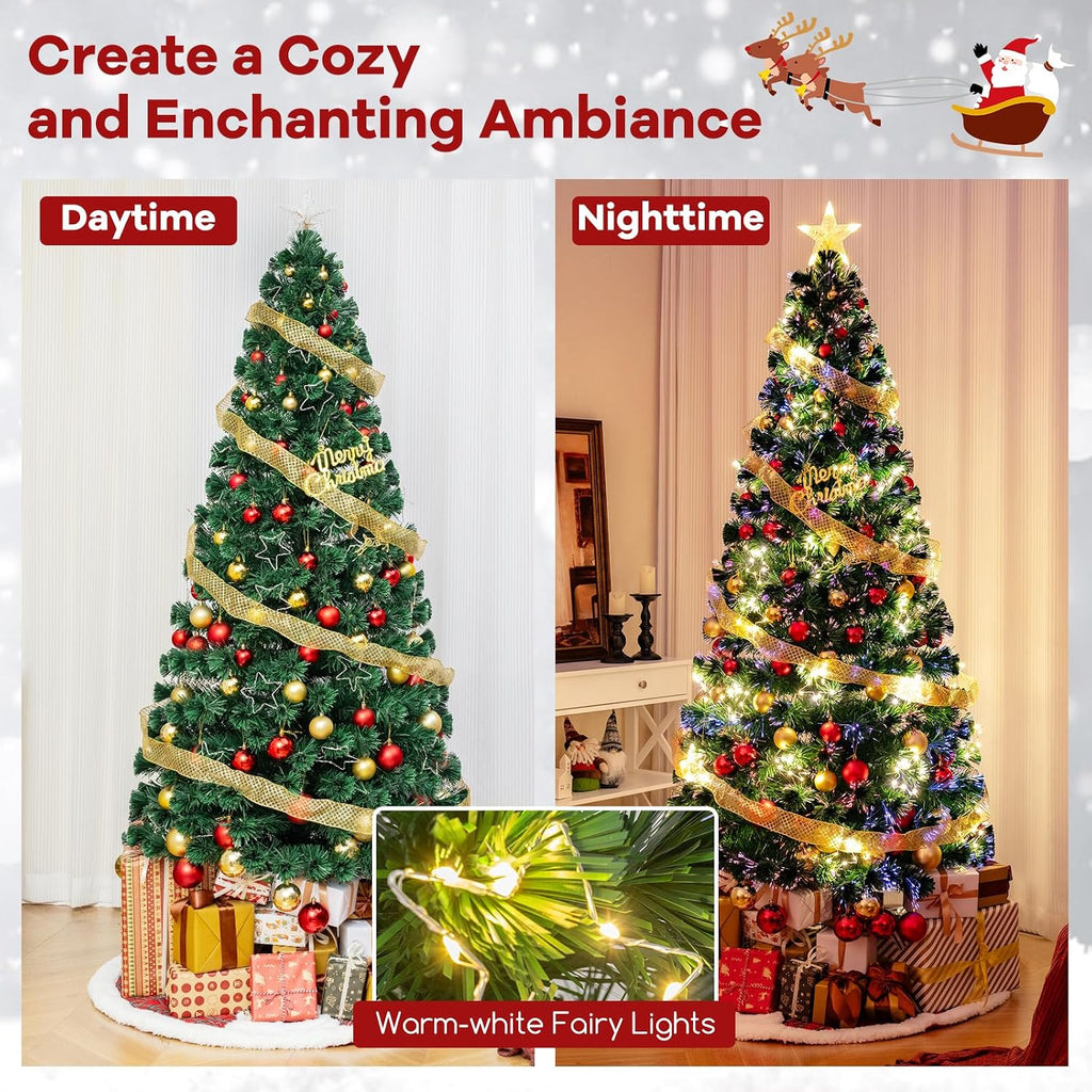 7ft Pre-Lit Fiber Optic Christmas Tree, Artificial Lighted Xmas Tree with 48 Warm-White Shape-Adjustable Star String