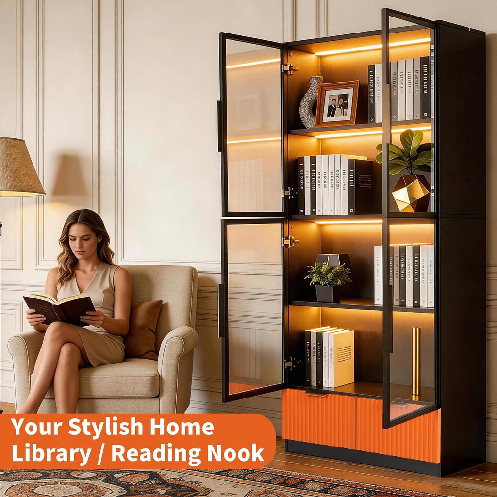 Black Display Cabinet, 67-Inch High Bookcase, Multi-Colored LED Ambient Lighting, 4-Tier Large Storage Space, 2 Large