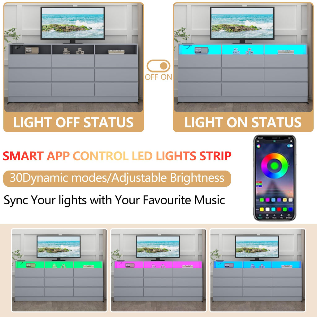 63" Grey 9-Drawer Dresser w/Power Outlet, LED Light