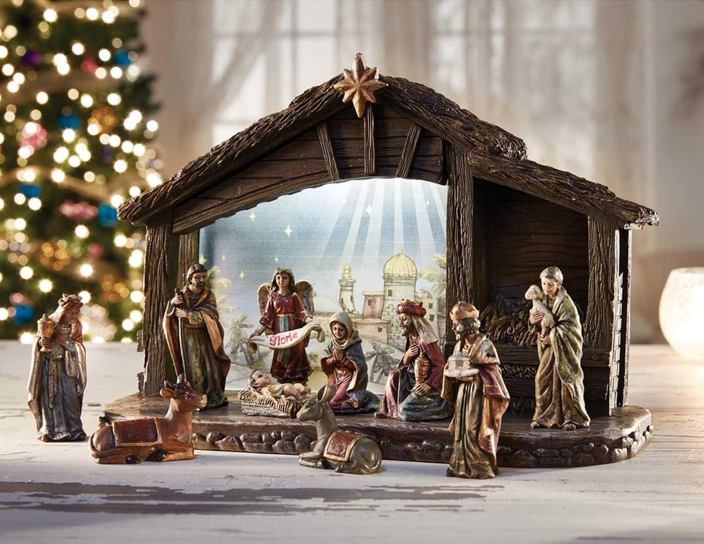 Nativity Sets for Christmas - LED Lighted Nativity Scene with Stable, 3-Inch Scale, 11-Piece