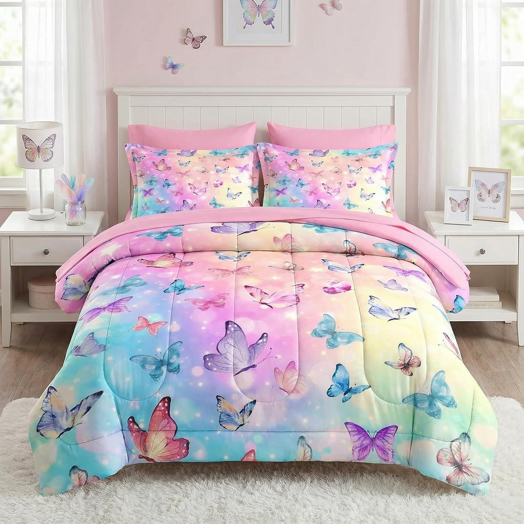 Comforter Set Twin, Pink Blue Butterfly 5 Pcs Bedding for Kids and Adults, Colorful Rainbow Bed Sheet Sets with