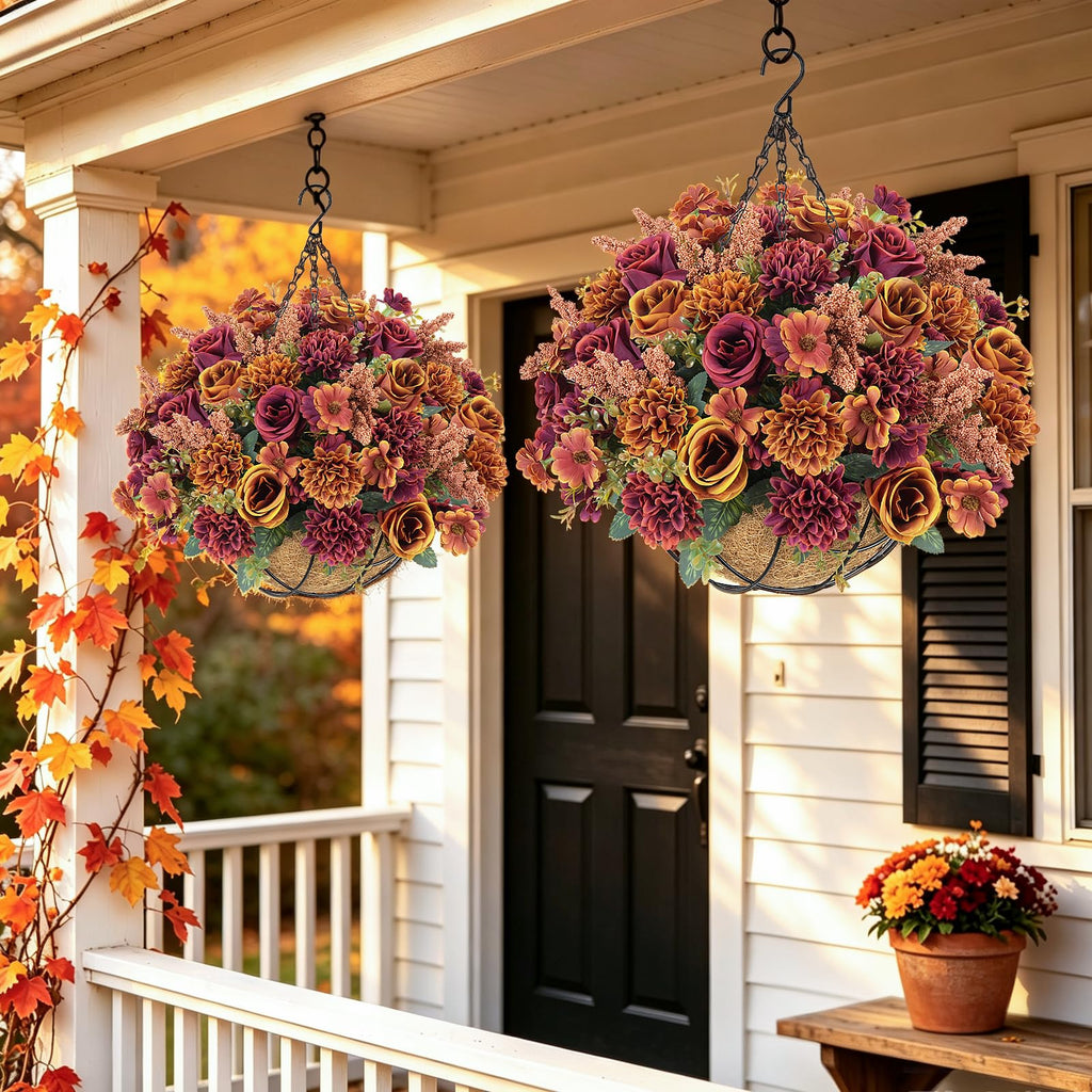 Fall Hanging Baskets 16 Pcs Artficial Fall Flowers for Outdoors