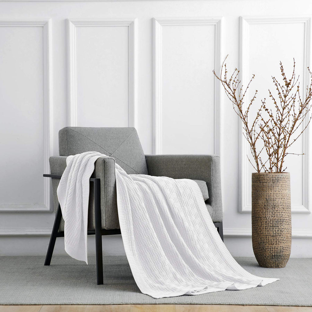 Pure White Cotton Cable Knit Throw Blanket for Couch Chair Sofa, Soft Cozy Home Decorative Blankets for All Seasons