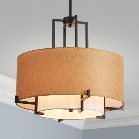 Modern Chandelier Drum Chandelier Light Fixure, Pendant Light for Dining Room with 4-Light, Brown Fabric Lampshade & Matte Black Metal Frame A100-B0BWDG35X5