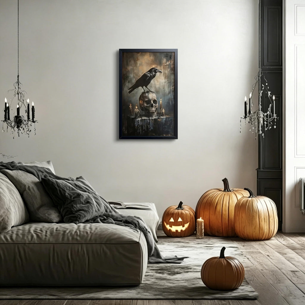Framed Halloween Raven Skull Canvas Wall Art, Gothic Dark Academia Gothic Horror Wall Decor Painting, Spooky Raven
