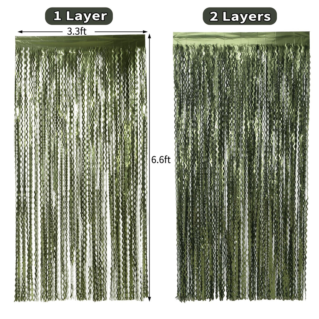 4 Pack Wavy Olive Green Streamers Backdrop Jungle Party Decorations - 3.3x6.6ft Foil Fringe Curtains Photo Booth for