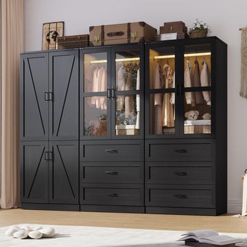 75" Tall Farmhouse 6 Doors Armoire Wardrobe Closet with 6 Drawers and LED, Freestanding Closet Wardrobe Cabinet with