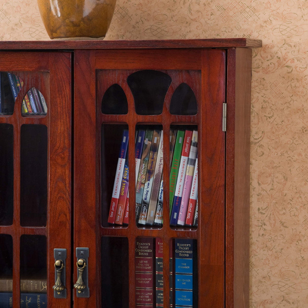Window Pane Media Cabinet - Cherry - Transitional Design, Brown Glass and Wood - Ideal