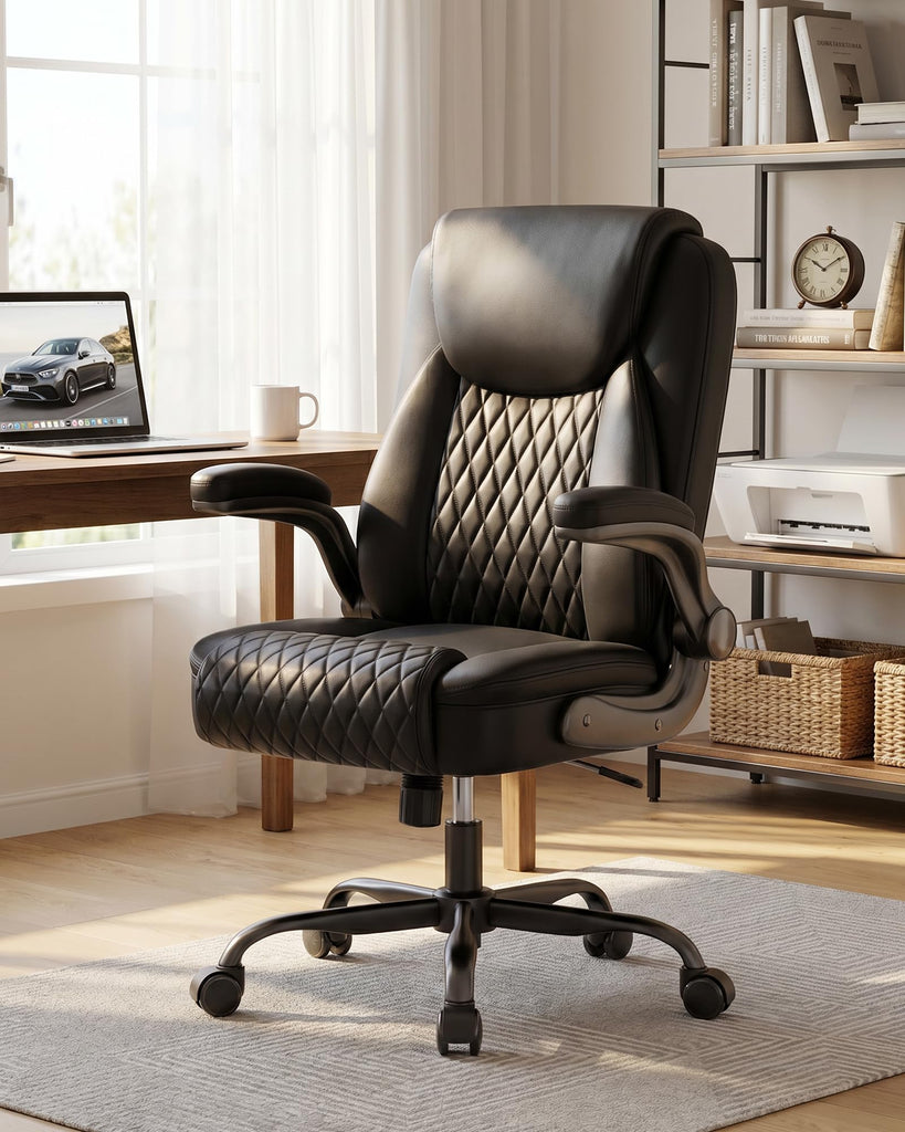 Mid-Back Office Chair, Ergonomic PU Desk Chair with Flip up Arms, Small Computer Gaming with Comfy Lumbar