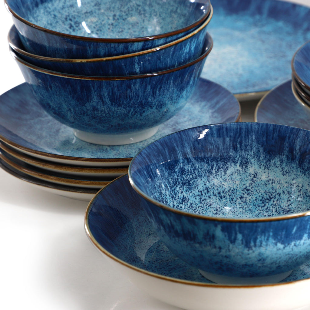 Oceanus 16 Piece Porcelain Double Bowl Dinnerware Set in Blue, Tableware Service for 4