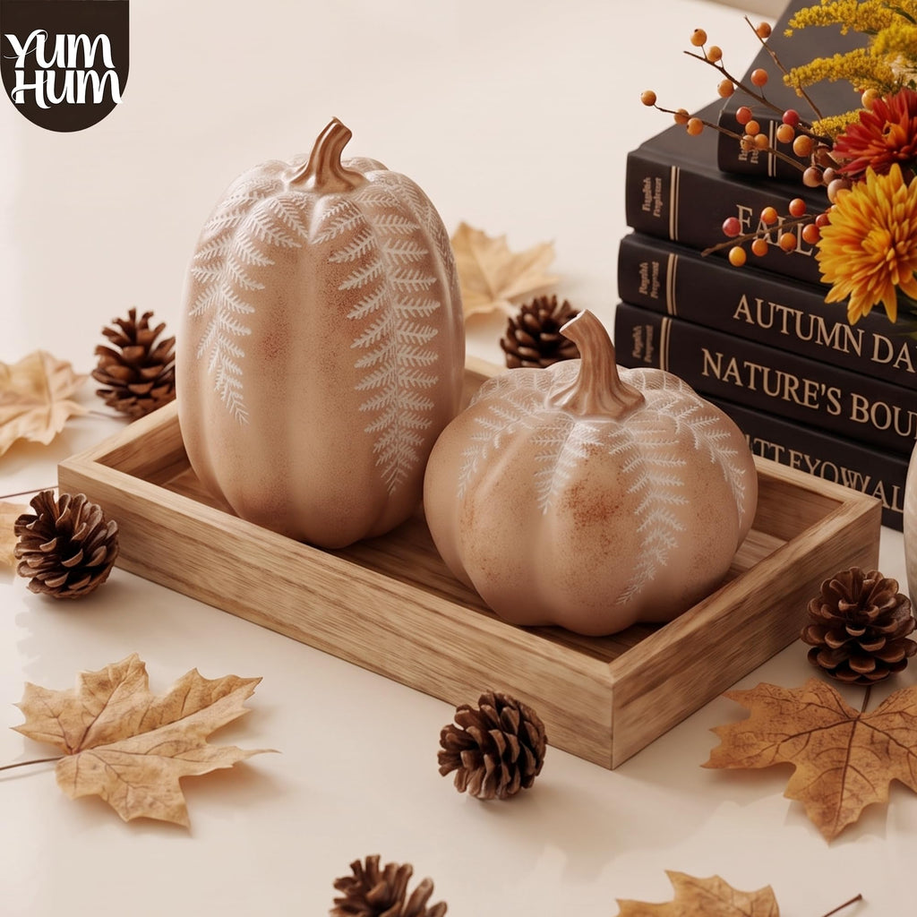 2Pcs Resin Pumpkin Figurines, Fern Fall Thanksgiving Decor