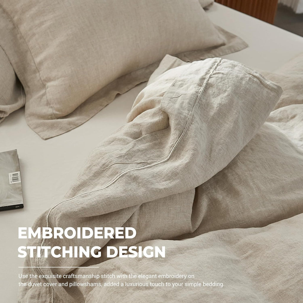 100% Washed Linen Duvet Cover Set with Embroidered,3 Pieces Soft Farmhouse Comforter Set with Button Closure,1 Duvet