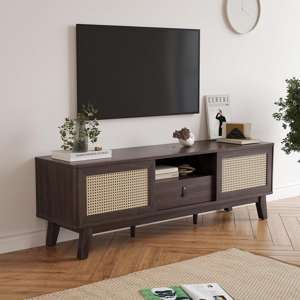 Rattan TV Stand for TVs, Wood TV Stand Mid Century Modern TV Stand TV Media Console with Drawer and 2 Cabinets, Boho