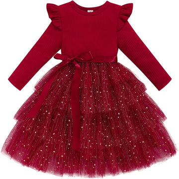 Toddler Dress Girls Ruffle Long Sleeve Layered Tulle Dress Fall Spring Fashion Party Dresses