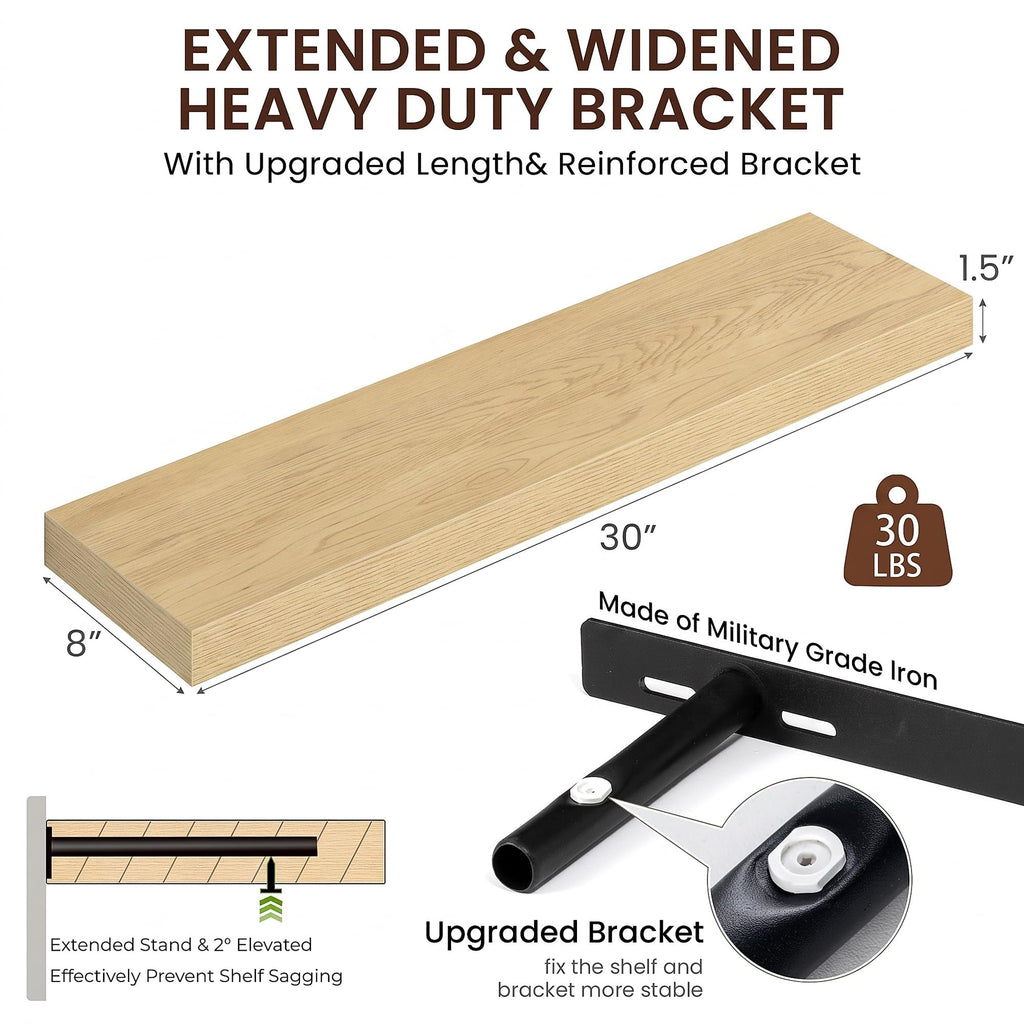 30Inch Floating Shelves 8" Deep Wall Mounted Set of 3 Oak