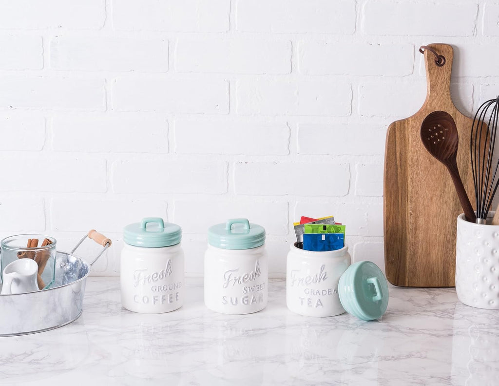 Kitchen Accessories Collection Ceramics, Jar Canister Set, Aqua, 3 - Set of 3