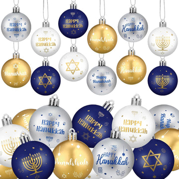 Hanukkah Ball Ornaments - Plastic White Blue Gold Jewish Chanukah Decorative Hanging Ornaments, Party Decor - Set of 12