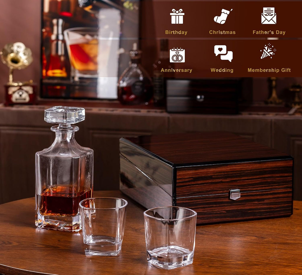 Whiskey Decanter Set with Premium Wood Gift Box: 2 Rock Glasses, Crystal Glass Decanter, Bourbon, Whiskey, Gifts - Set of 5