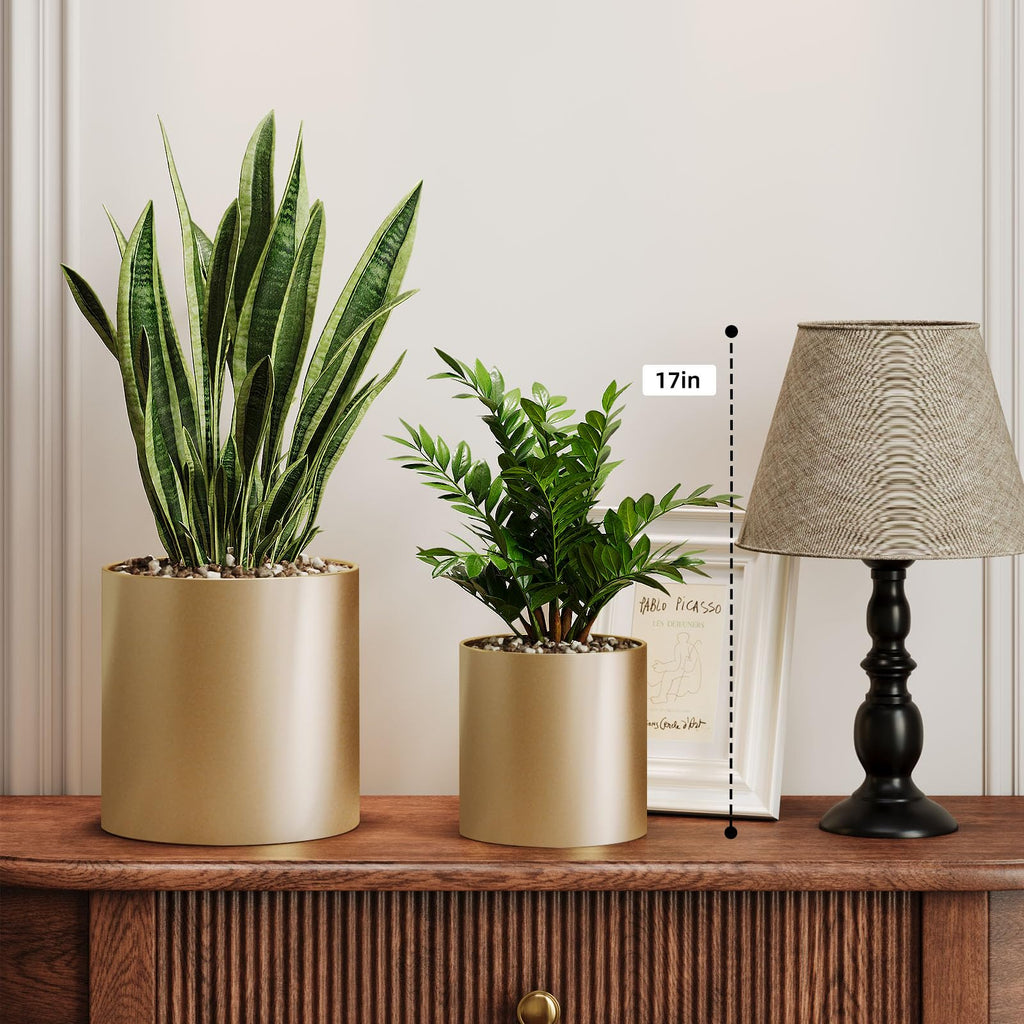 Gold Metal Plant Pot with Drainage Hole, 7'' & 10'' Mid Century Pot Indoor Outdoor Planters, Home Decor Gift Window
