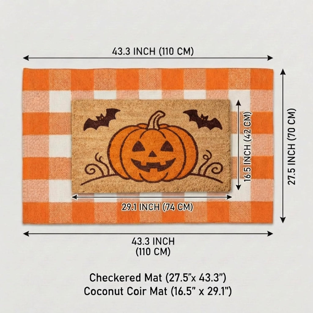 Halloween Pumpkin Layered Doormat, Coco Coir Door Mat Orange White Buffalo Plaid Rug, 2 Pcs Outdoor Mat Set for Front