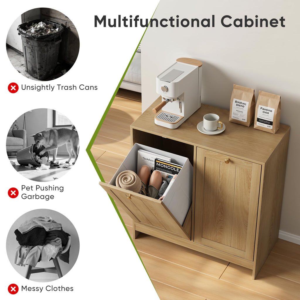 Double Tilt Out Laundry Hamper Cabinet, Small Hidden Trash Cabinets with 2 Baskets , Freestanding Bathroom Storage