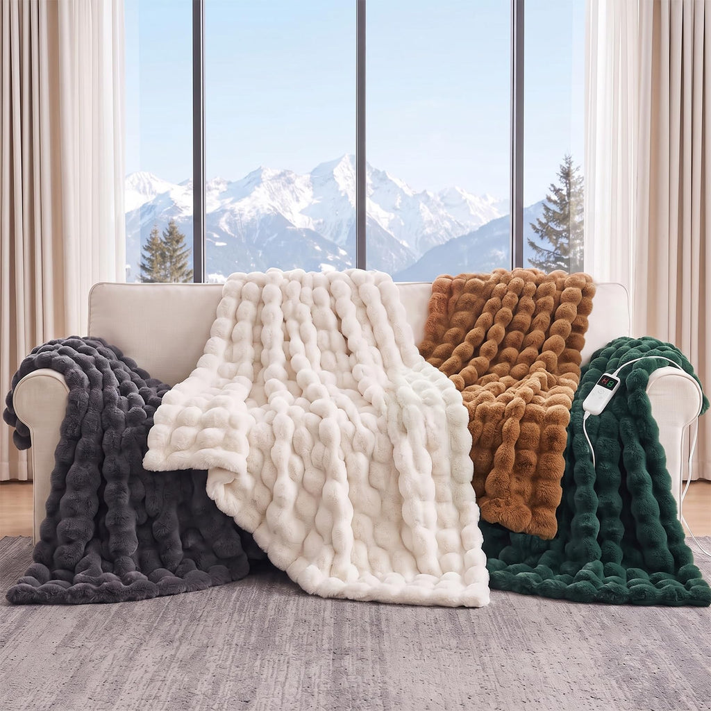 Heated Blanket Electric Faux Rabbit Fur Bubble Heating Blanket Throw Blanket 50"x60", 10 Heat Settings, 8 Hour Auto