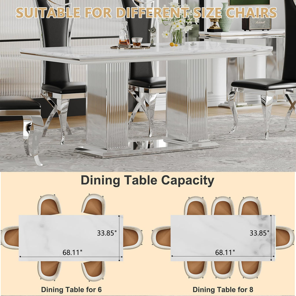 68" Faux Marble White Silver Dining Table for 6, Modern Dining Room Table with 0.71" Marble Printing MDF Top and Dual