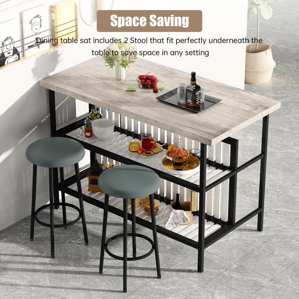 3 Piece Bar Table and Chairs Set, Industrial Bar Table Set with Storage Shelves, Marble Counter Height Island with 2