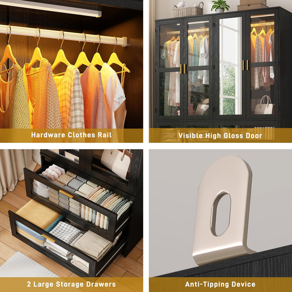 4 Doors Armoire Wardrobe Closet with LED and Mirror, 71" H Freestanding Wooden Wardrobe Closet Cabinet w 2