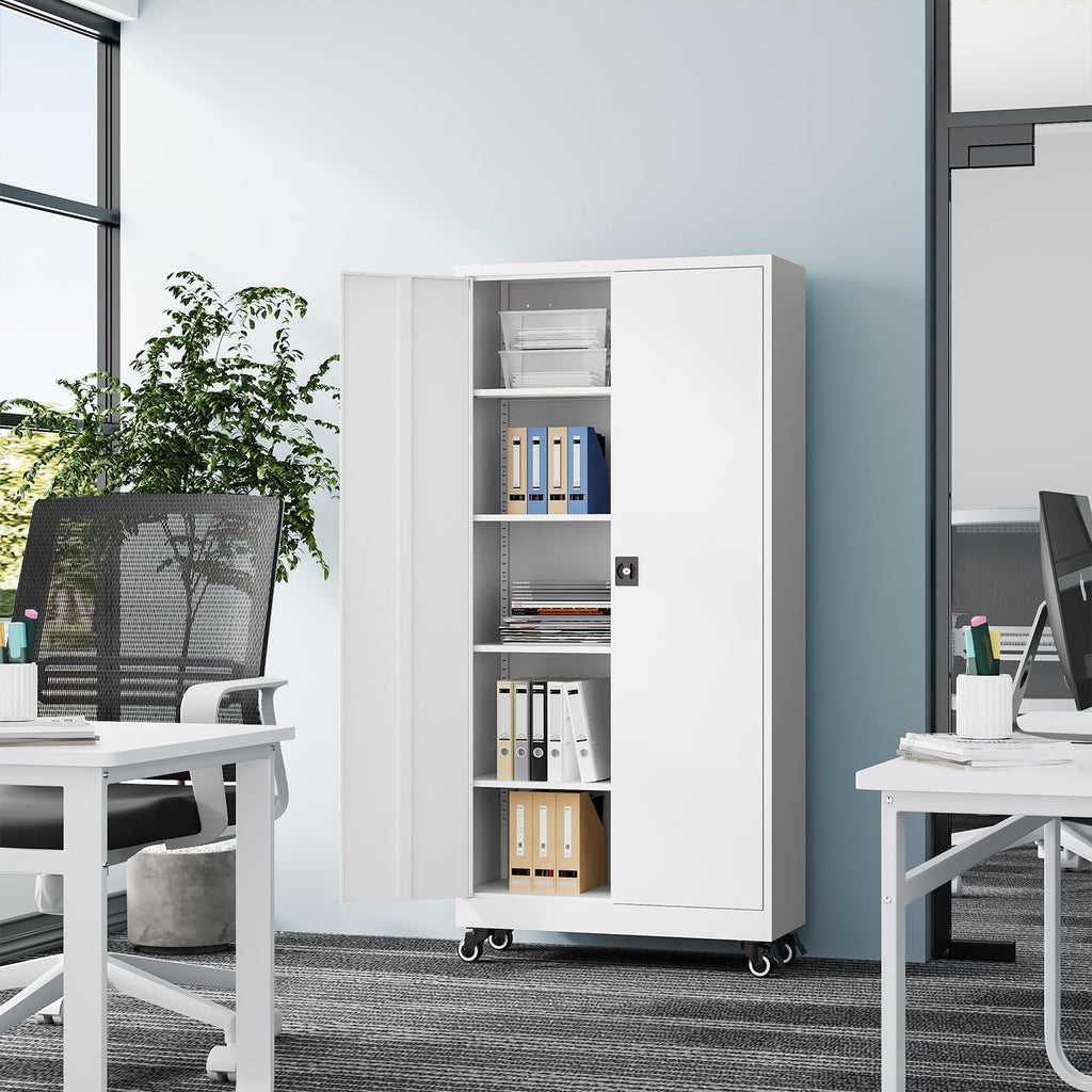 Metal Rolling Storage Cabinet-74.6" Tall Steel File Cabinets with Wheels Lockable Doors and Adjustable Shelves-White