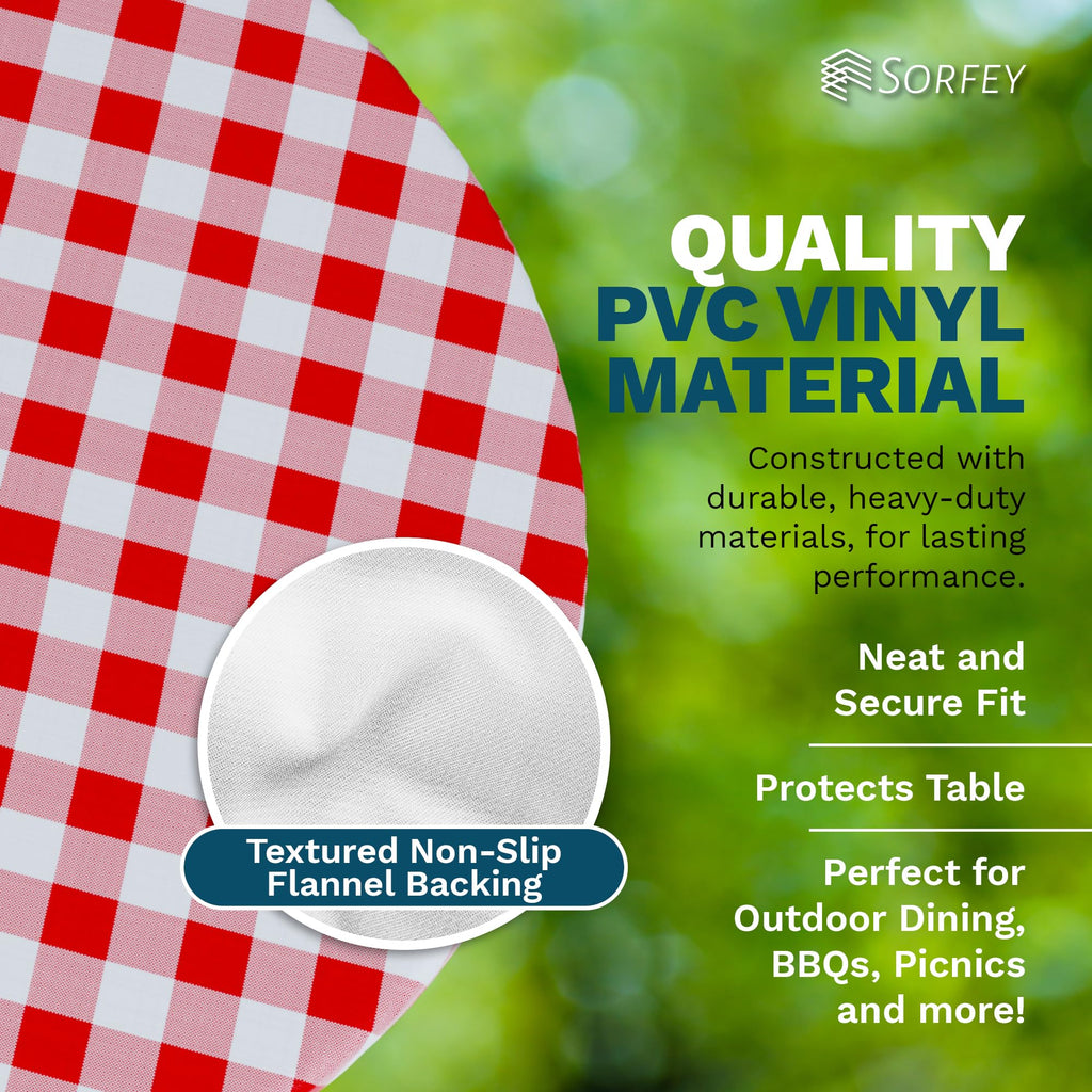 Vinyl Umbrella Round Fitted Tablecloth Cover, Checkered Design, Flannel Backed Lining 60 Inch, Green