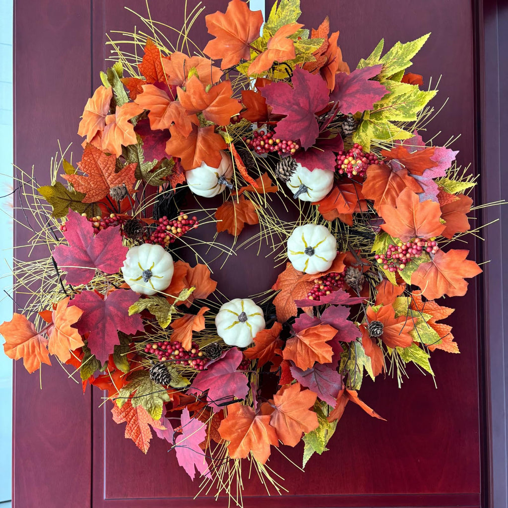 24 inch Fall Wreaths for Front Door with Pumbkin and Maple