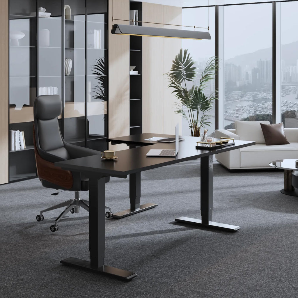Triple Motor L-Shaped Standing Desk, 330 lbs, 63" x 47", Black