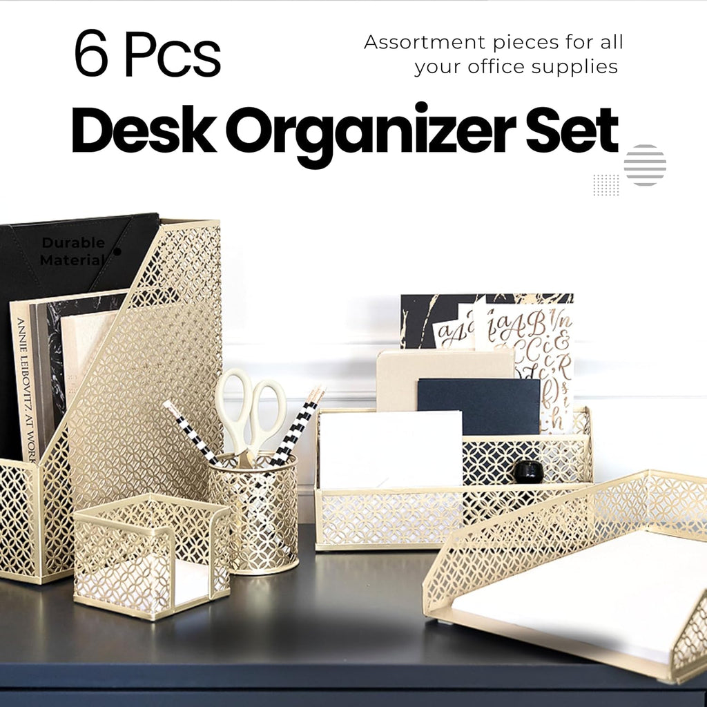 Gold Desk Organizer Set with Mail Sorter, Sticky Note Holder, Pen Cup, Magazine Holder, Letter Tray & Business Card