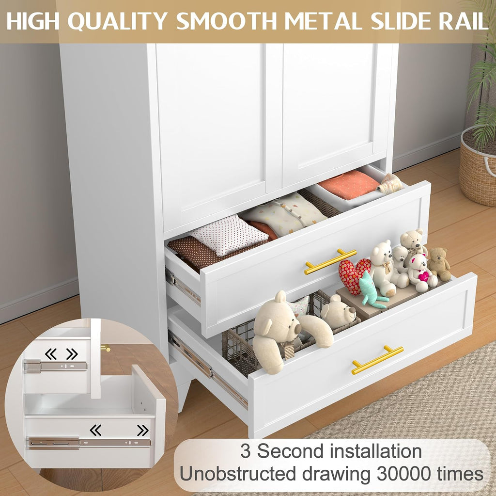 Metal Wardrobe Cabinet with Hanging Rod, Clothing Storage Cabinets | with 2 Door, 1 Adjustable Shelf and 2 Drawers