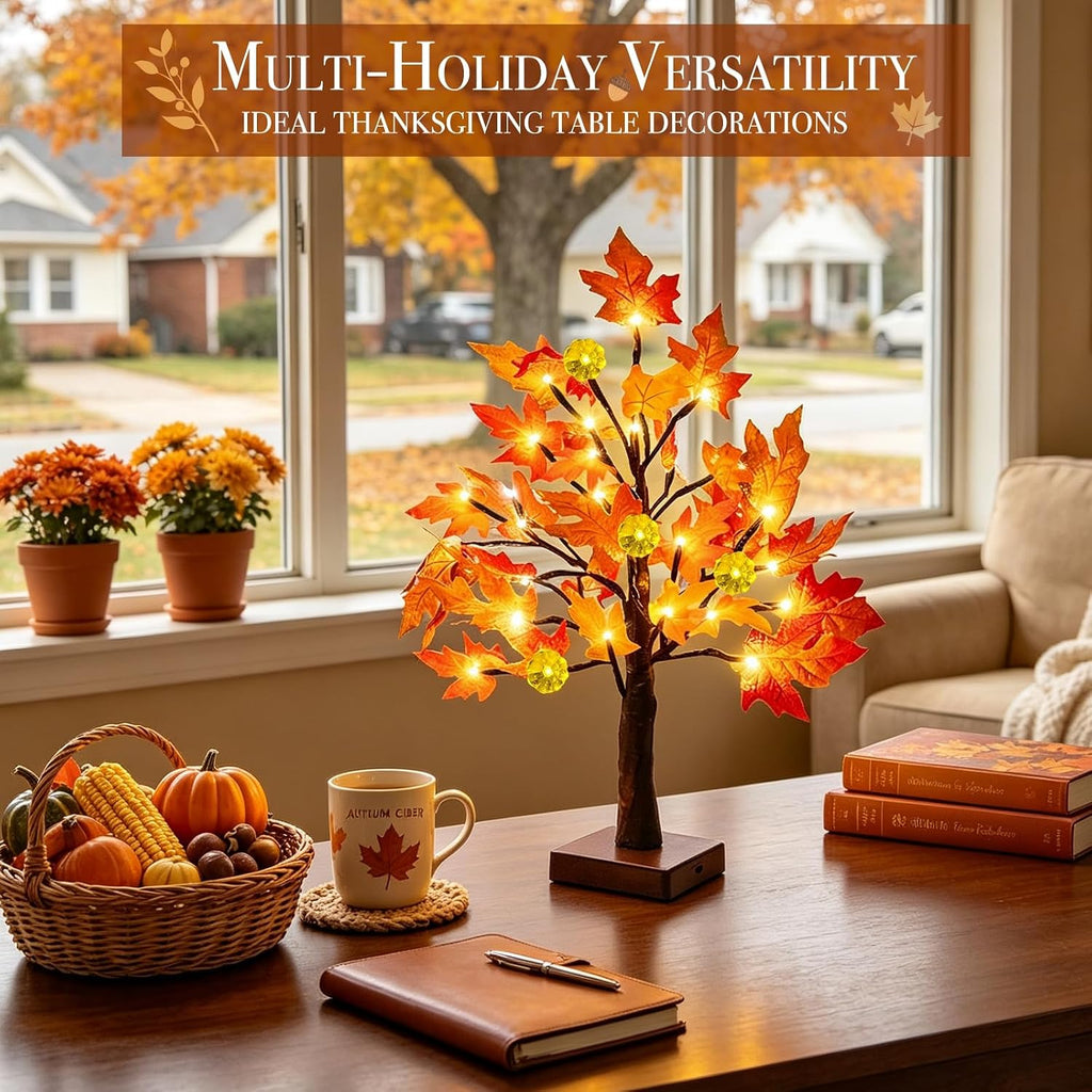 Prelit Fall Maple Tree with Pumpkin Lights Timer 24 Warm White LED 18 Inch