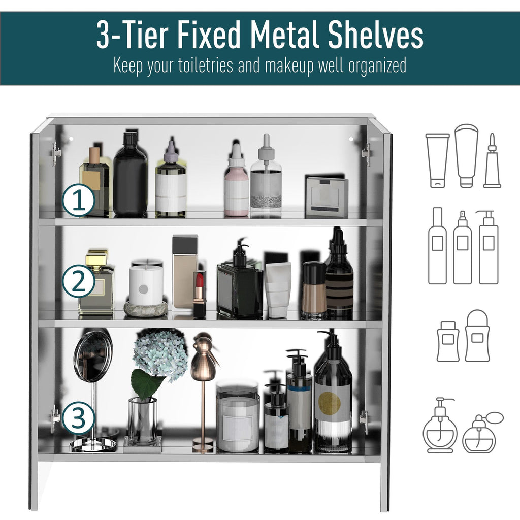 Bathroom Mirrored Cabinet, Stainless Steel Frame, 24"x26", Silver