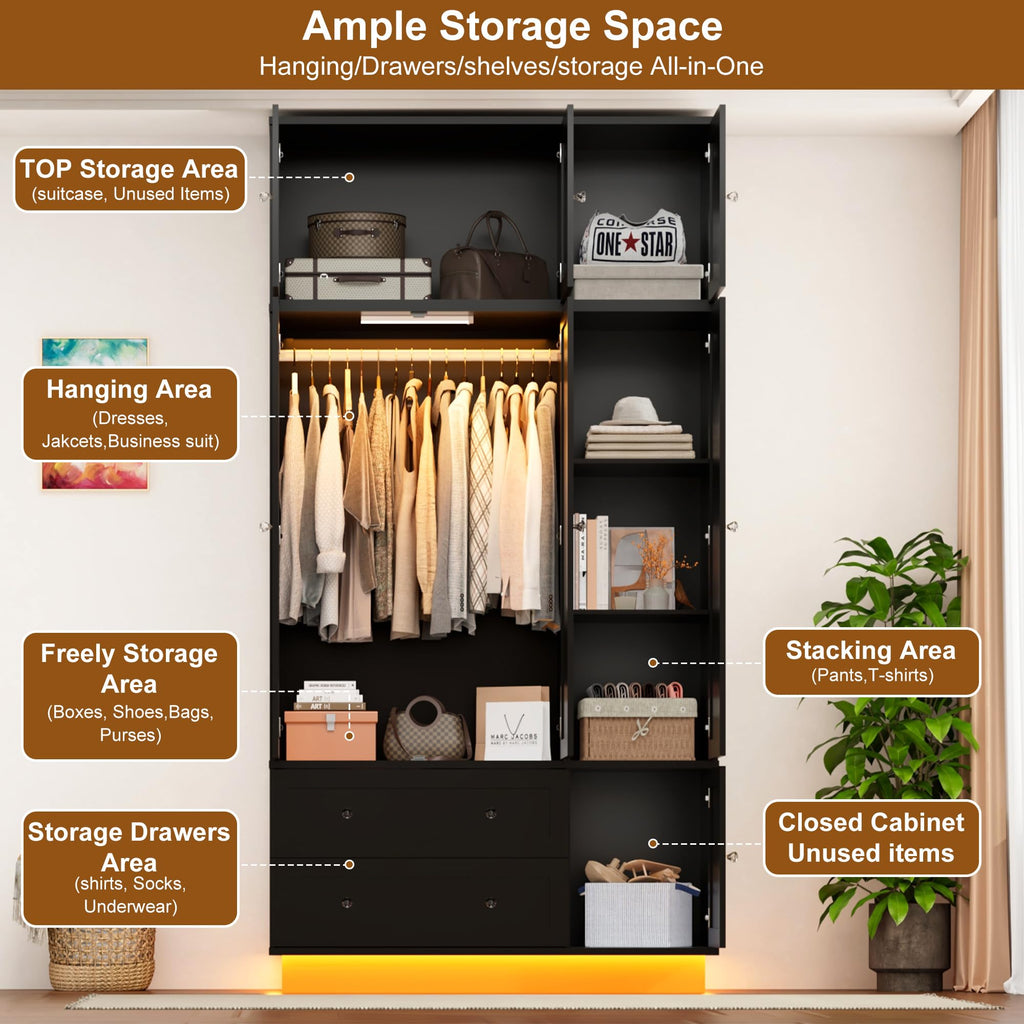92.2" Tall Armoire Wardrobe Closet with Mirror & Motion Sensor Light, Large Storage Cabinet with 2 Drawers, Hanging