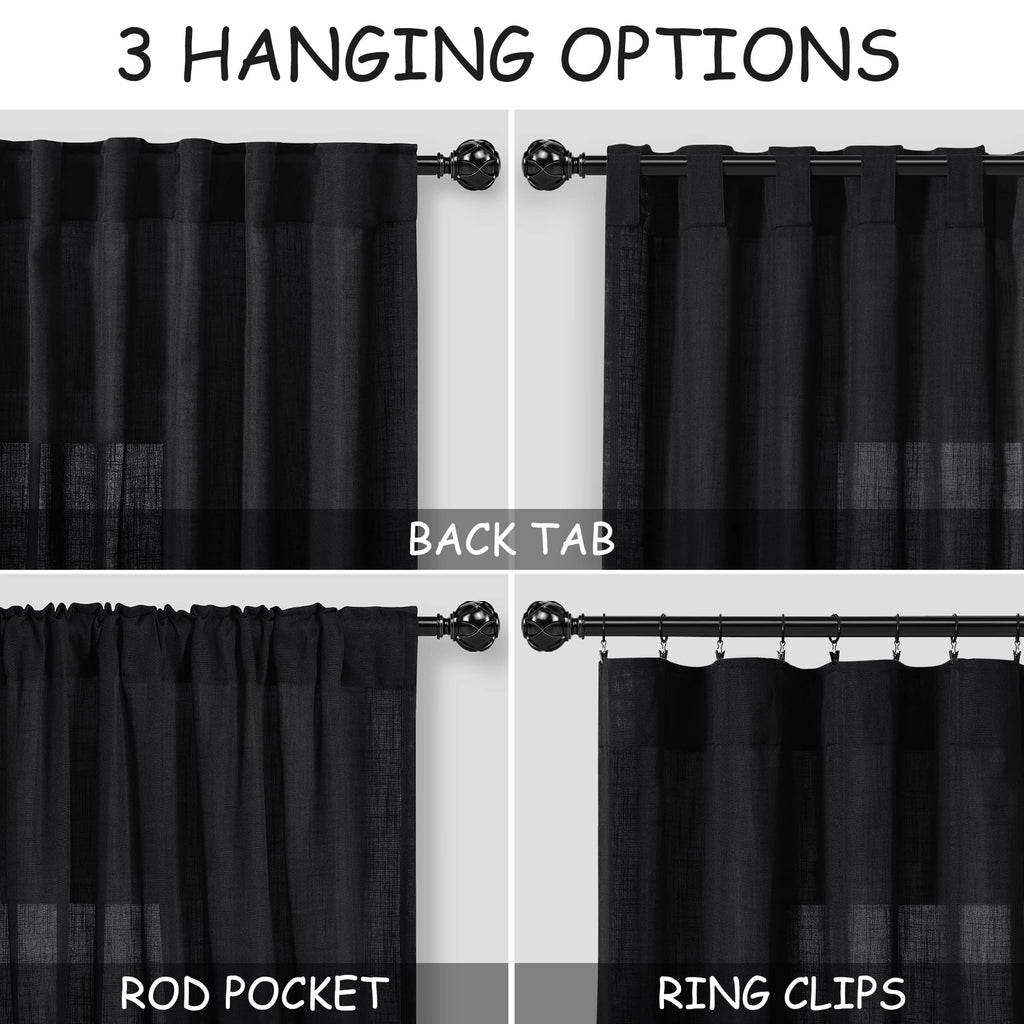 Long Black Curtain 100 inches Long 2 Panels Set Back Tab Modern Farmhouse Muslin Look Decor Cotton Textured Black