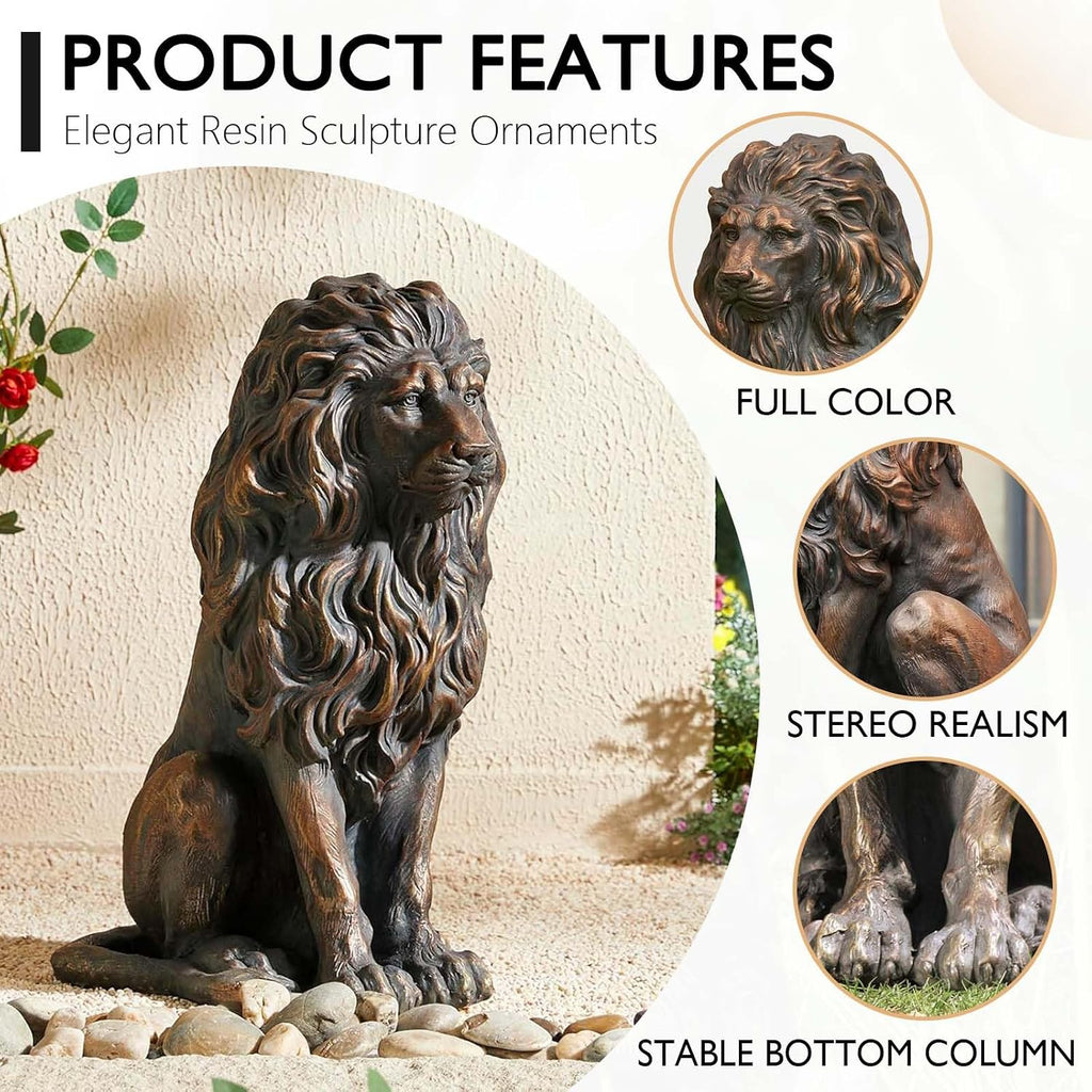 24" Large Golden Lion Statue for Garden, Outdoor Sculpture, Animal Decor for Yard Porch Entryway Patio Living Room