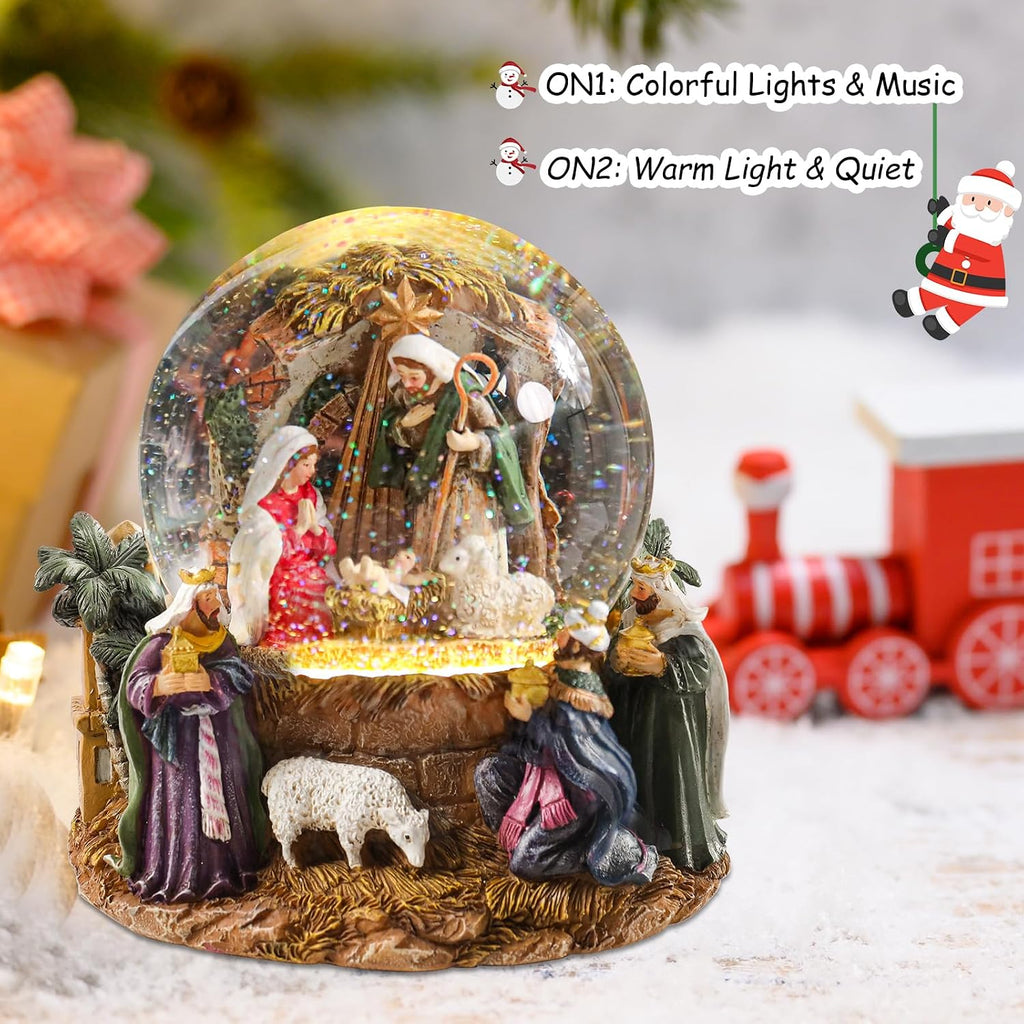 Christmas Snow Globe, Musical Nativity Snow Globes Color Changing Swirling Glitter Battery Operated Jesus Lighted