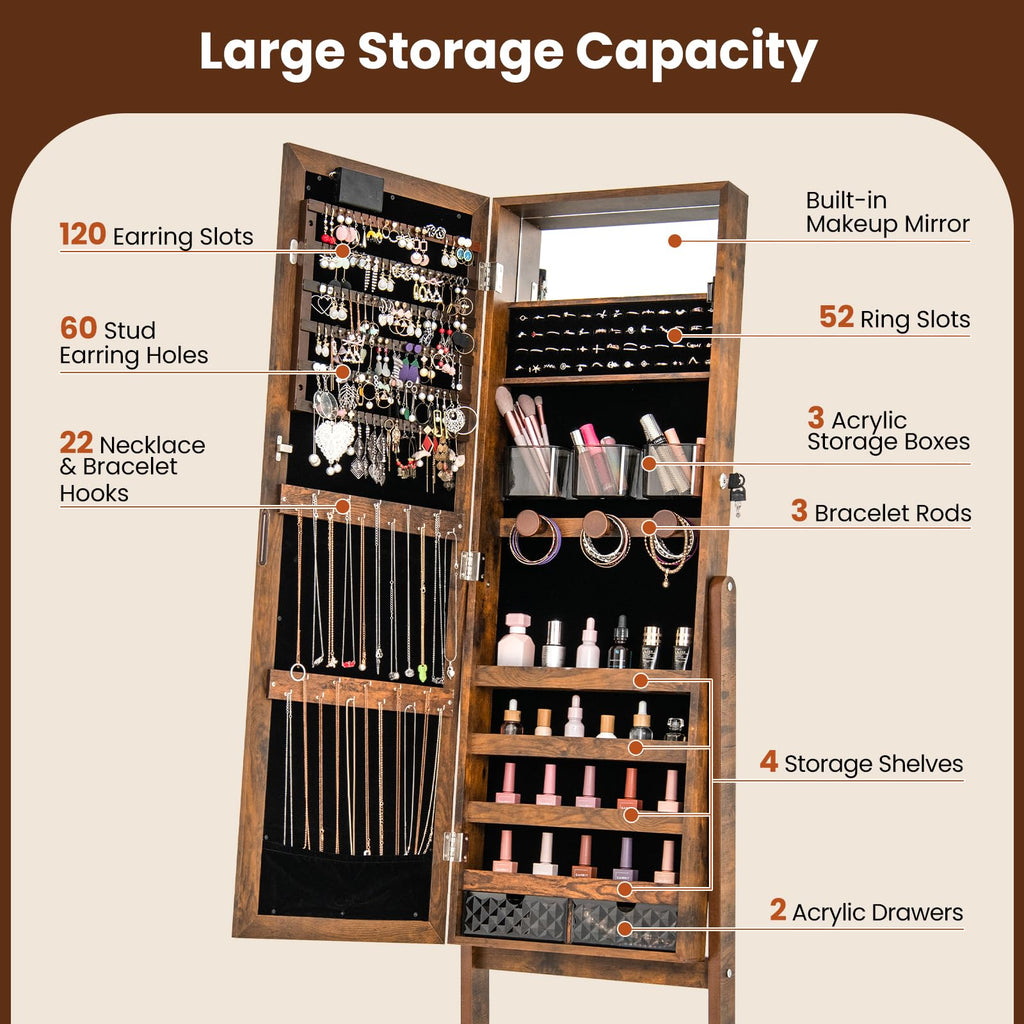 Standing Jewelry Armoire with Full Length Mirror, 20 LED Lights