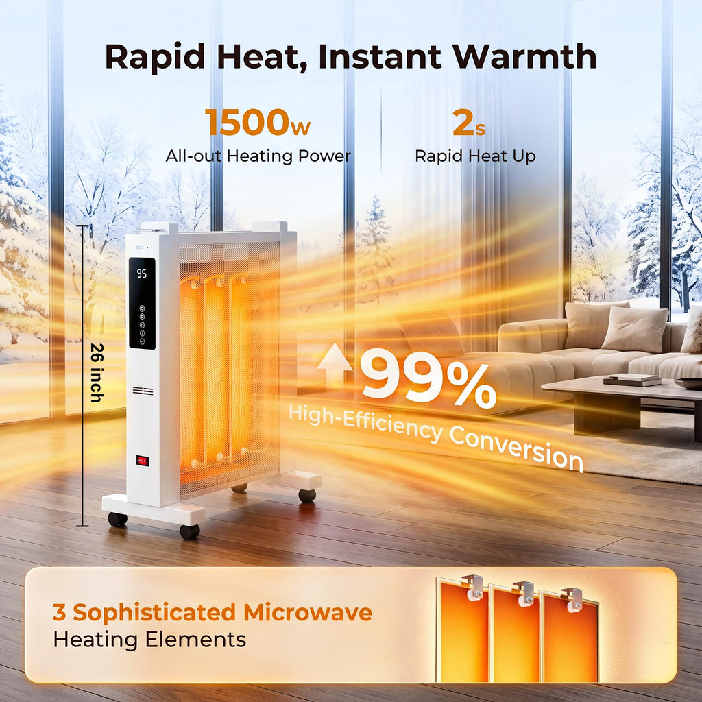 26" Space Heater for Large Room, 1500w Electric Mica Panel Heater, 3 Sides Heating, 12H Timer, Remote, 3 Modes