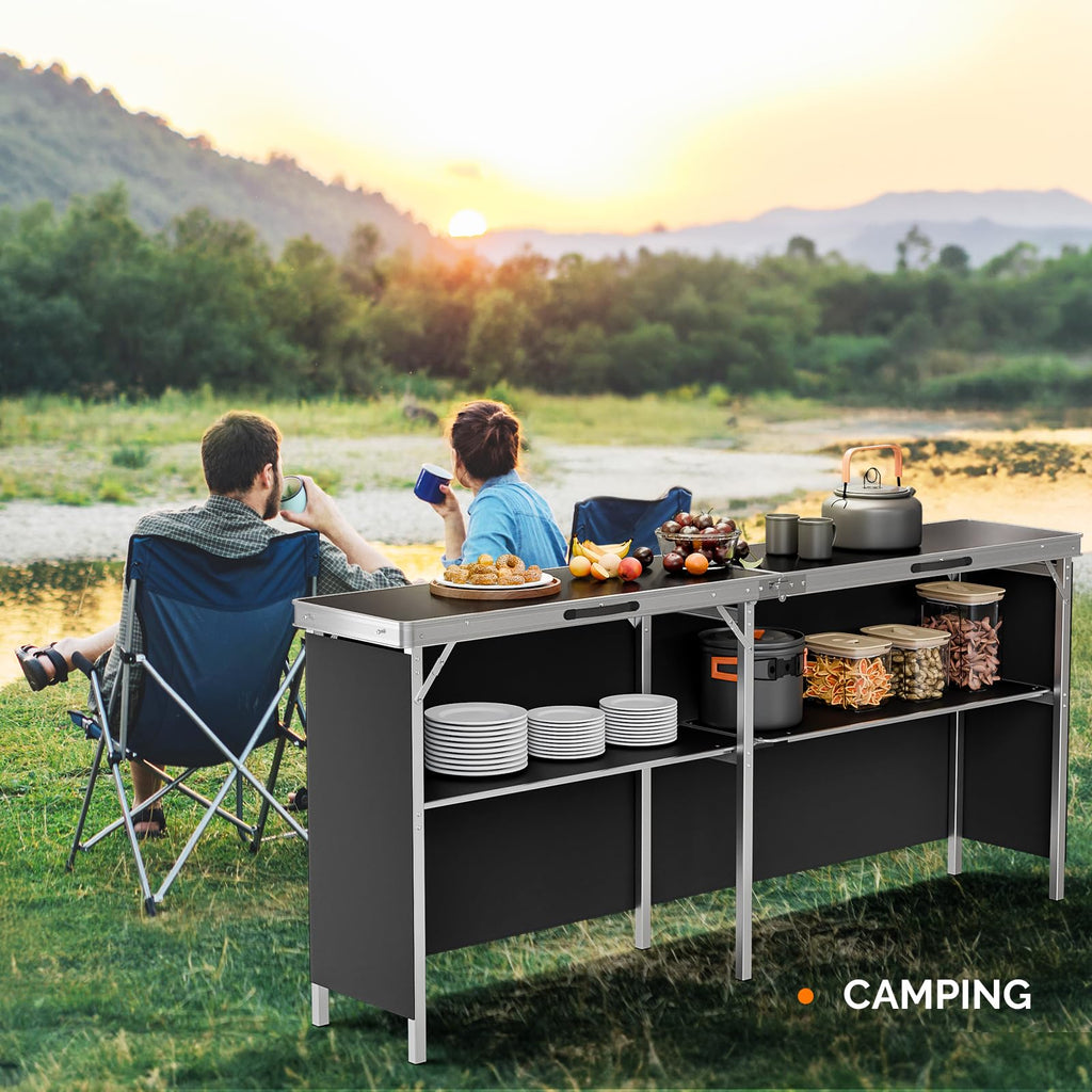 78" Portable Bar Table, 2-Tier Shelves, Mobile Bar Table for Events, Party, Camping, Picnic, Tradeshow, Indoor with
