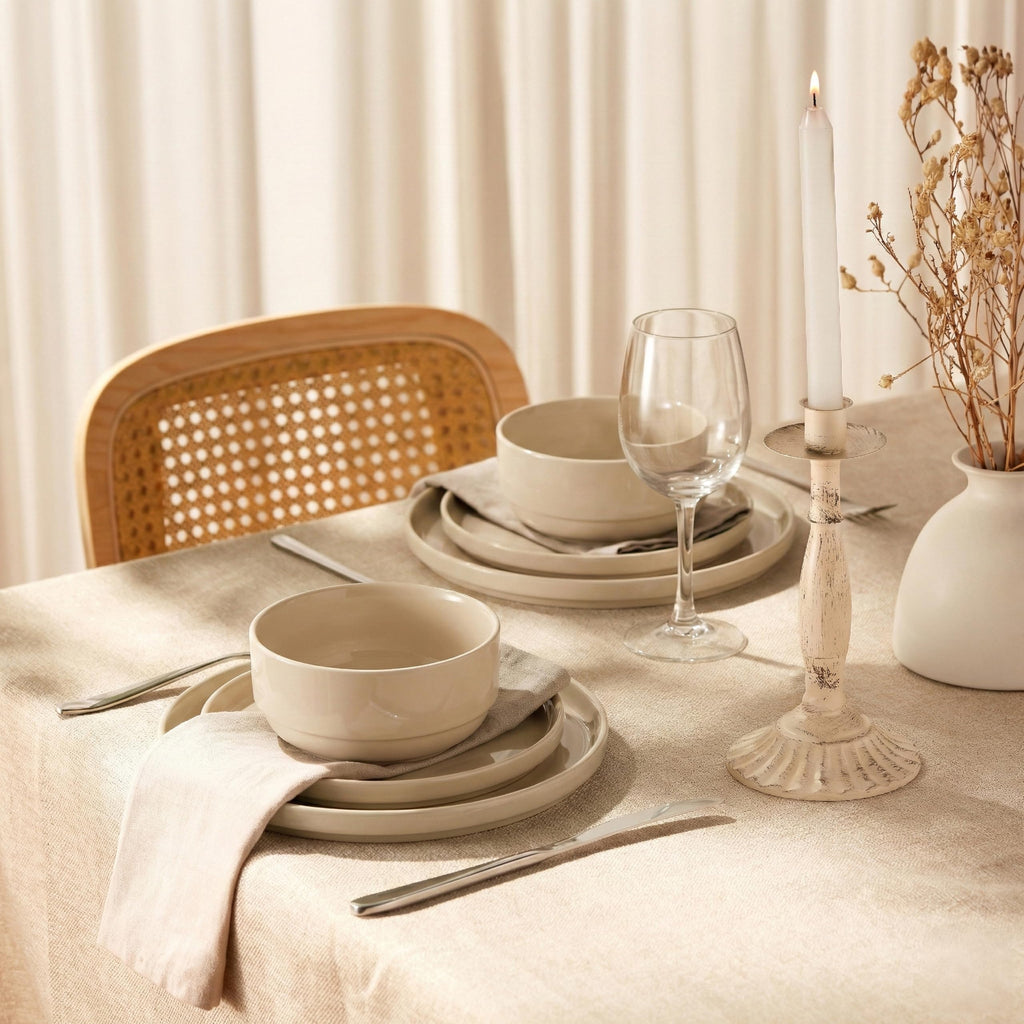 Ceramic Dinnerware Set, 12-Piece Service for 4, Soup Bowls (25 oz), Salad Plates (7.5"), Dinner Plates (10"), Round