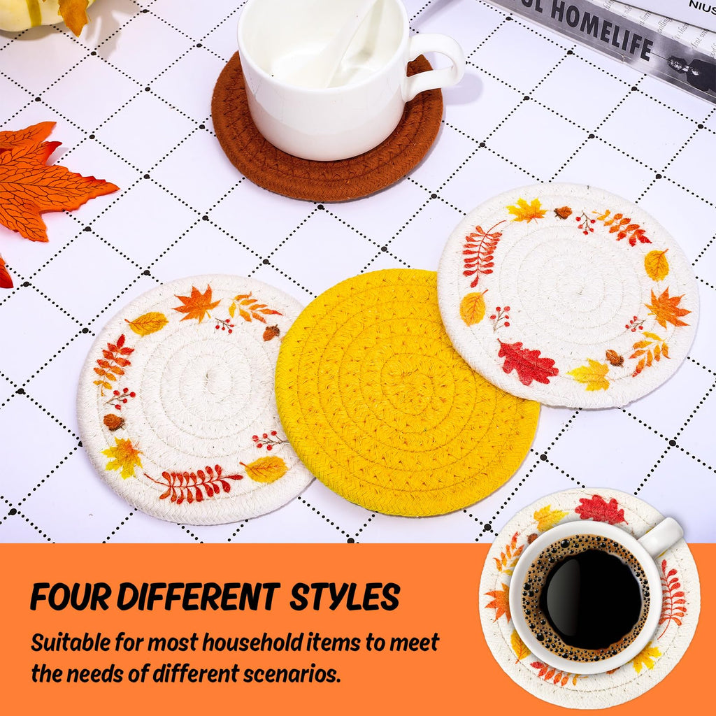 Fall Thanksgiving Coasters Maple Leaves Handmade Braided Cotton Drink Coasters Orange Yellow Non-Slip Absorbent Cup