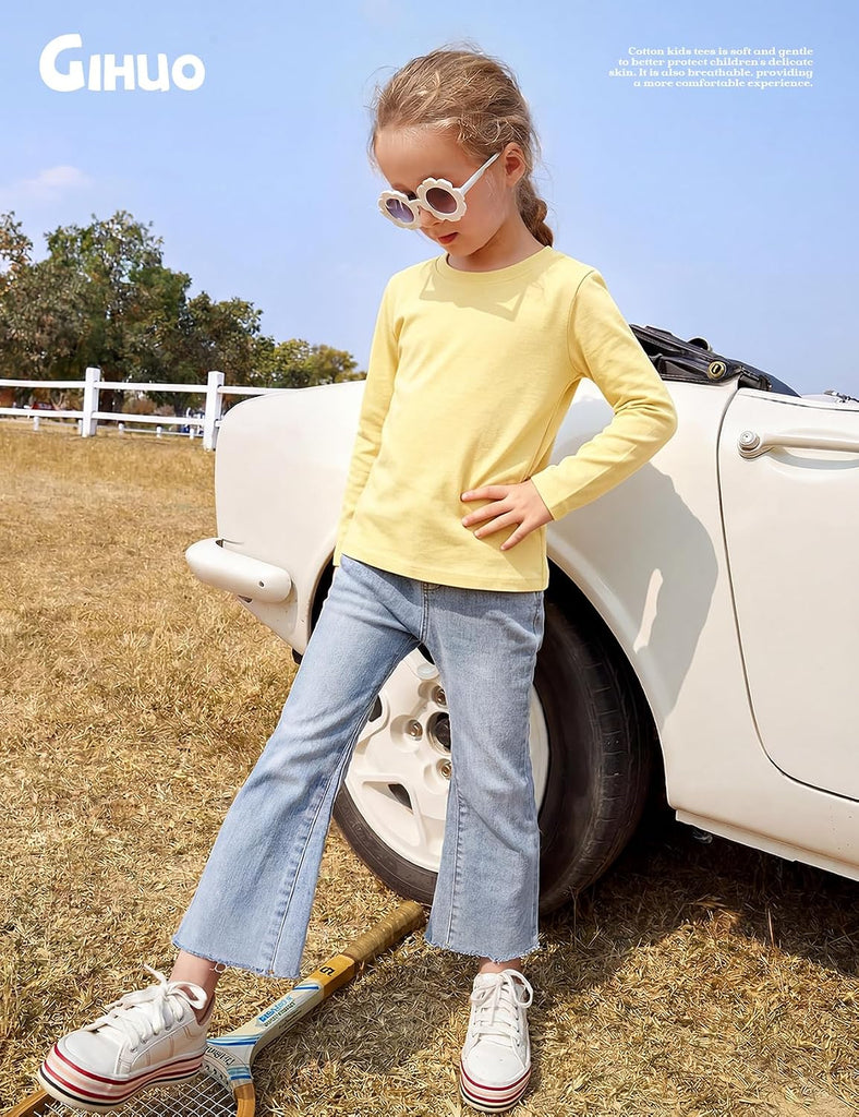 4 Pack Girls Long Sleeve Shirts Soft Cotton Tees Kids Basic Tops