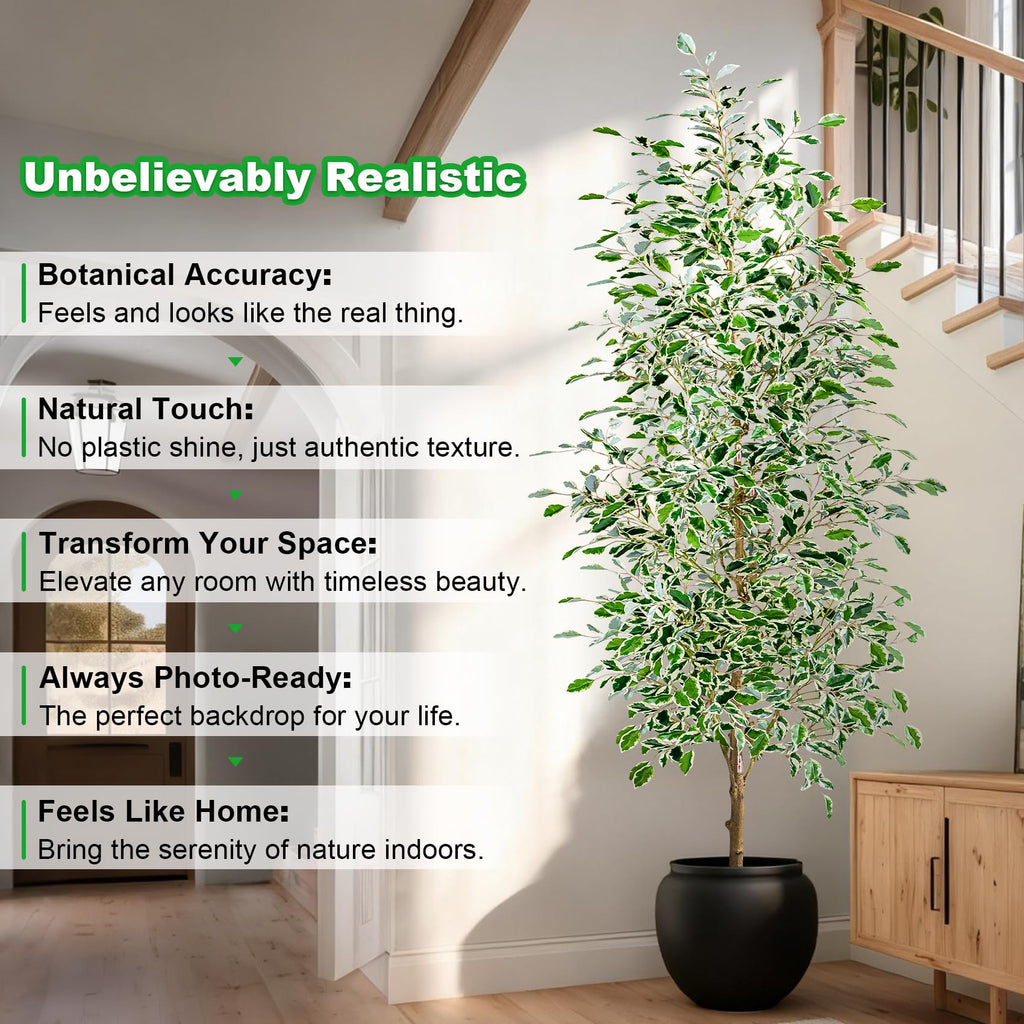 8FT Artificial Ficus Trees Indoor Faux Trees Indoor Fake Floor Plants Tall Artificial Tree with White Pot Faux Tree