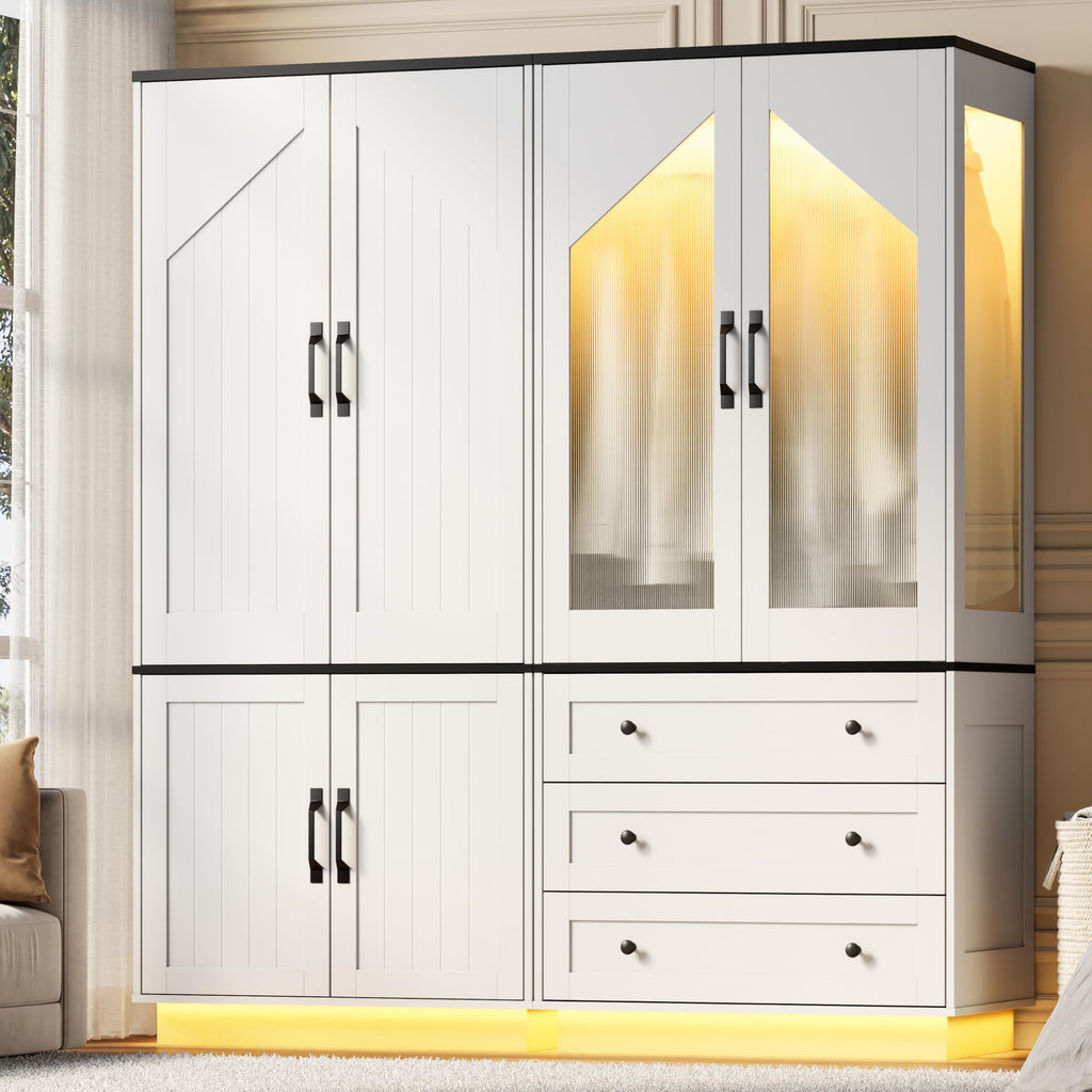 White Armoire Wardrobe Closet with 2 Doors and LED Lights