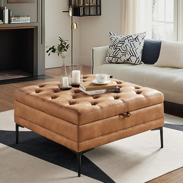 Tufted Faux Leather Coffee Table, Camel | 36.5" Square Storage Ottoman with Metal Legs, Large Upholstered Ottoman for